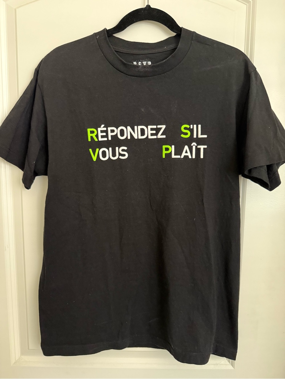RSVP Black Short-Sleeve Tee with Neon Green & White French Text